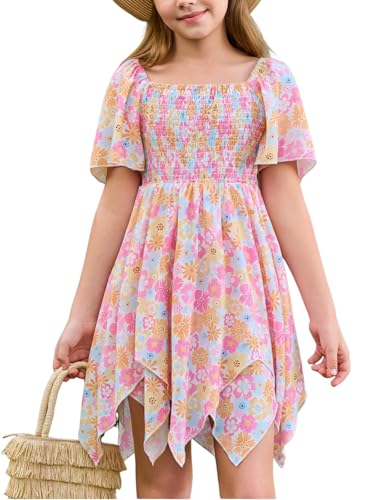 Haloumoning Girls' Summer Floral Dress Kids Short Sleeve Square Neck Smocked Flowy Dresses 5-14 Years