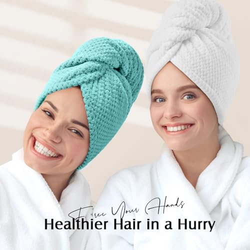 Image of YFONG 2 Pack Microfiber Hair Towel Wrap for Women, Super Absorbent Quick Dry Hair Turban for All Hair Style Anti Frizz, Large Hair Drying Towel with Button
