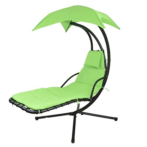 Geniqua Patio Hanging Chaise Outdoor Lounger Padded Cushion Swing Hammock Chair w/Sun Shade Canopy Umbrella Stand [Green]
