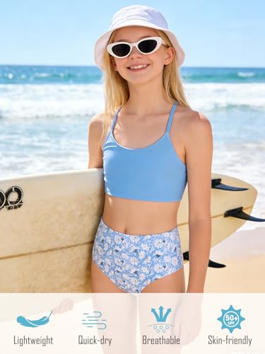 Image of Goodstoworld 7-12Y Girls 3 Piece Cover Up Swimsuit Hawaiian Bikini Bathing Suit with Pompom Tassel