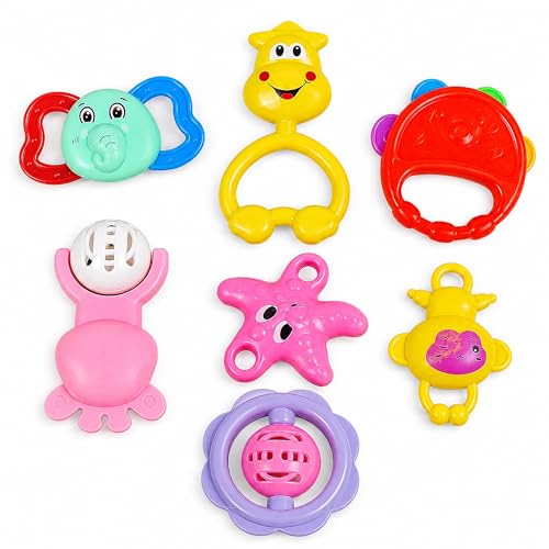 Image of Toyshine Pack of 7 Rattle Set with Teathers for Newborn Babies, Toy for Babies, Non-Toxic, Plastic, Multi-Colored