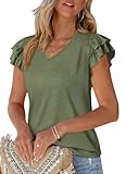 PRETTYGARDEN Summer Tops for Women 2025 Spring Trendy Fashion Clothes Casual Ruffle V Neck Short Sleeve Shirts Blouses (Army Green,X-Large)