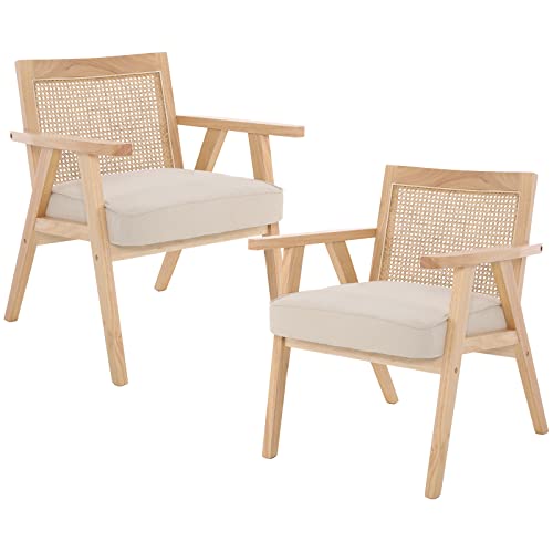 Zhenghao Mid Century Modern Accent Chairs Set Of 2, Upholstered Lounge Armchair With Mesh Back Retro Wooden Rattan Chairs For Living Bedroom Office Reception (Light Beige) #TOP17