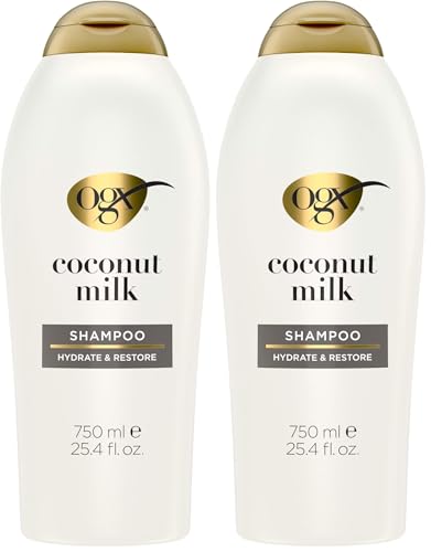OGX Nourishing + Coconut Milk Shampoo, Hydrating & Restoring Shampoo Moisturizes for Soft Hair After the First Use, Paraben-Free, Sulfate-Free Surfactants, 25.4 fl. oz (Pack of 2)