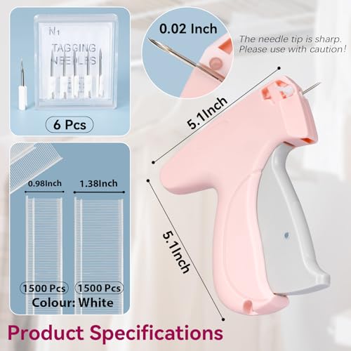 Image of AISOSO Handheld Tagging Gun for Clothes, with Fasteners in Two Sizes, Pink | Includes 0.5mm Needle Quick Clothing Fixer, 1500pcs Each in 0.98 inch and 1.38 inch Lengths, for Securing Cuffs, Collars, Tags