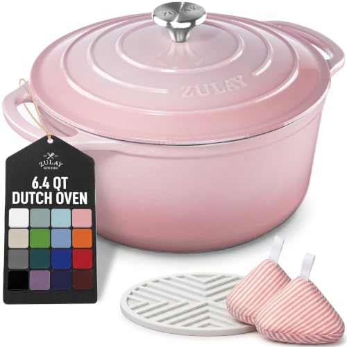 Zulay Kitchen 6.4QT Enameled Cast Iron Dutch Oven Pot with Lid, Heavy-Duty Soup Pot for Stews, Braising, Roasting & Sourdough Bread Baking, Oven Safe up to 500°F - Pink