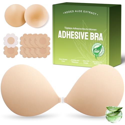 MSHalo Ultra Invisible Sticky Bra Push Up Strapless Adhesive Bra for Womens Exotic Bras Reusable Silicone Sticky Boobs for Backless Dress (B Cup Beige)