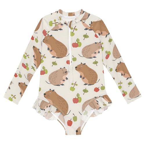 ALAZA Capybara Green Fruit Leaf Girls One Piece Swimsuit Long Sleeve Rash Guard Swimsuits UV 50+ Swimwear Zipper