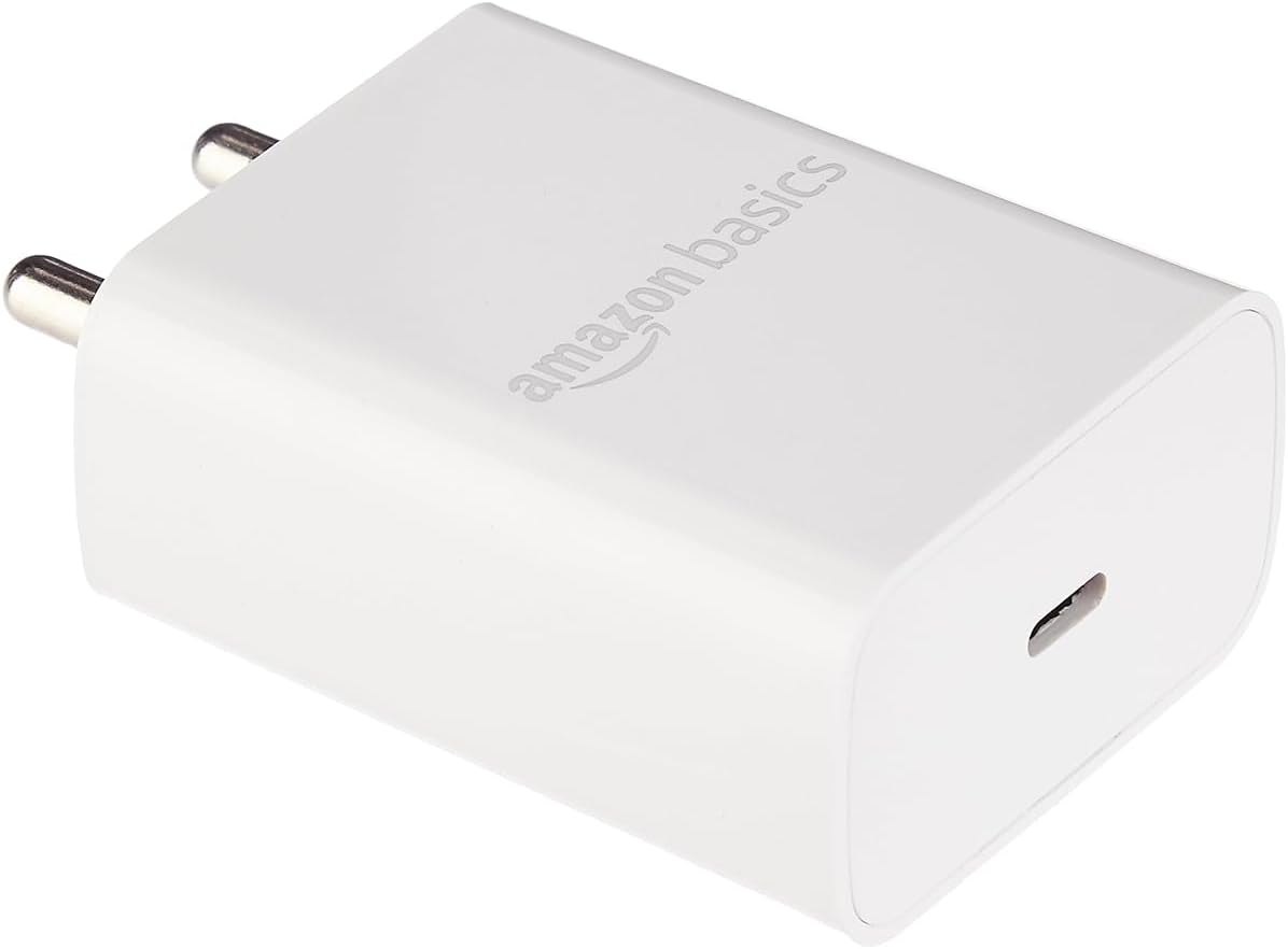 Amazon Basics 25W Compact Wall Charger | Type-C Fast Charging Adapter for Samsung, Xiaomi Phones and iPhone (White, Without Cable)