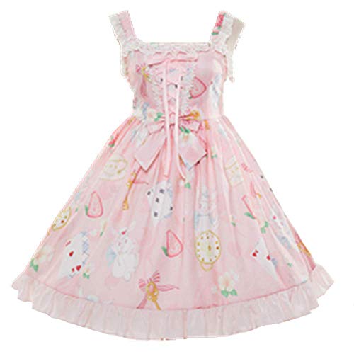 Smiling Angel Sweet Lolita Printed Rabbit Dress Sleeveless Chiffon Lace JSK Princess Dress (Pink, S-M)