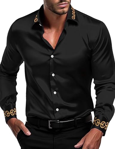 Amazon.com: OYOZONE Men's Luxury Satin Dress Shirt Shiny Silk Long Sleeve  Button Up Shirts Wedding Shirt Party Prom Black : Clothing, Shoes & Jewelry