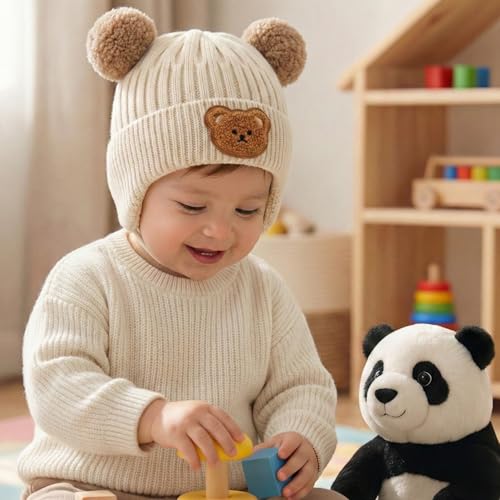 Image of Kraptick Children's Pompom Winter Warm Caps for Toddlers & Kids, Soft Knitted Beanie with Warm Earflaps, Cute Teddy Bear Design, Unisex Baby Woolen Hat-2