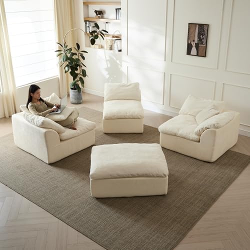 109" Modern Cloud Couches for Living Room, Deep Seat Convertible L-Shape Boneless Couch with Ottoman, Oversized Comfy 3-Seater Couch Chenille Fabric Compressed Sofa Modular Sectional Sofa,Creamy White - Thumbnail 4