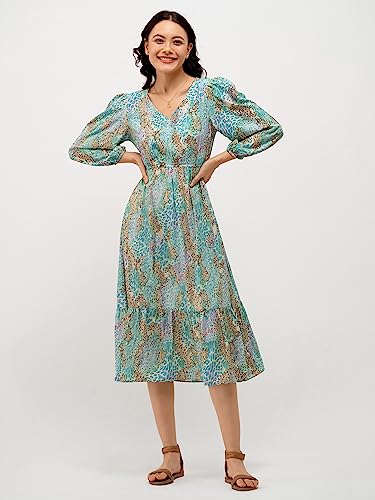 Image of AASK Abstract Printed Puff Sleeve Gathered Detailed Fit Flare Dress