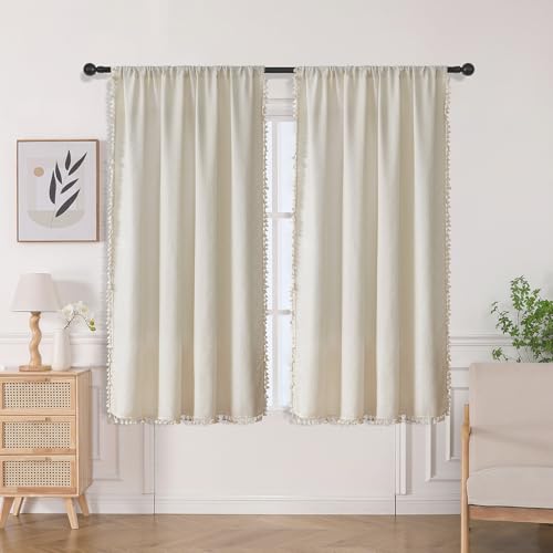 Image of Joydeco Linen Beige Boho Curtains 63 Inch, 2 Panels with Tassels | Super Soft Farmhouse Drapes, Semi Sheer Light Filtering, Natural Look for Bedroom Living Room, Modern Boho Decor
