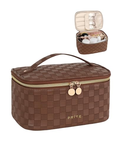 Prite Groß Kosmetiktasche für Damen Reise Kulturtasche aus Wasserdichtem Leder Tragbare Kulturbeutel oder Make Up Tasche mit Griff und Abnehmbarem Trenner (Braun kariert)