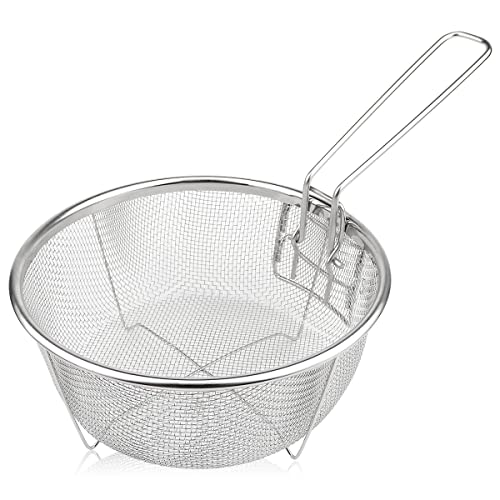 Stainless Steel Drain Basket, Multifunctional Foldable Deep Fry Basket - Round Wire Mesh French Chip Frying Serving Food Presentation Tableware with Folding Handles 32.5X19.5X8.5