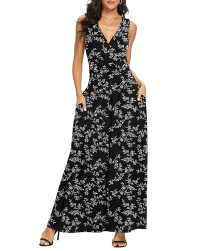 Image of LILBETTER Women Sleeveless Deep V Neck Loose Plain Long Maxi Casual Dress