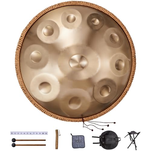 VEVOR Handpan, 55 cm, 10 Noten, D-Moll-Handtrommel, Drum-Instrument mit Schlägeln, 432-Hz-Handpan-Ständer & Tragetasche, Heilende Klangtrommel aus Stahl, Schlaginstrumente für Erwachsene & Anfänger