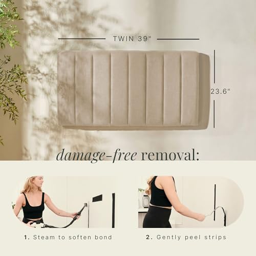 Image of Hearth & Harbor Wall Mounted Twin Headboard Only, Bed Headboard Twin Size | Easy Assemble, Floating Peel and Stick, Upholstered, Channel Stitched, 3D Wall Panels, 5 Strips of 3M Tape Included, Beige