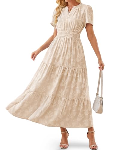 Image of Women's Maxi Dresses Boho Burnout V Neck Short Puff Sleeve Smocked Empire Waist Long Wedding Guest Semi Formal Dress Pockets