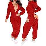 Kuscheliger Damen Schlafanzug Onesie Jumpsuit mit Kapuze und Po-Klappe Fleece Thermal Langarm Bodycon Bodysuit Strampler Overall Nachtwäsche (Color : Red, Size : M-Medium)