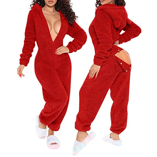 ZAYZ Damen Schlafanzug Onesie Jumpsuit mit Kapuze und Po-Klappe Fleece Thermal Langarm Bodycon Bodysuit Strampler Overall Nachtwäsche (Color : Red, Size XL), Rot Cover