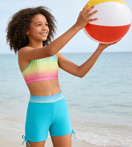 Image of Funnycokid Girls Swimsuit 3 Pieces Long Sleeve Rash Guard Zip Bathing Suits Teens Boyshort 3-14 Years