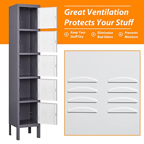 Image of Metal Locker with 5 Doors, 5 Tier Locker Steel Employees Lockers, Tall Steel Storage Lockers for School, Home, Office, Gym(Grey White), (ML-0721)