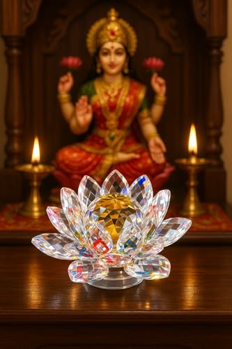 Crystal Lotus Flower Showpiece for Home Decor, Vastu & Feng Shui, Maa Laxmi Good Luck, Prosperity, Wealth, Healing Gemstone Figurine for Pooja Room, Diwali & Festival Gifts