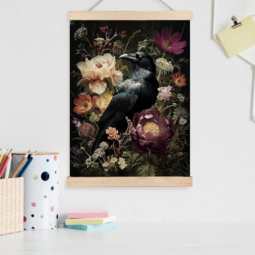 Image of PQKIY Dark Gothic Floral Raven Wall Art Poster Hanger Frame 12x16 in, Vintage Dark Cottagecore Moody Botanical Flower Crow Wall Decor Canvas Prints for Home Bedroom Living Room