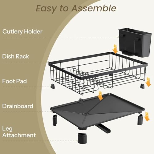 Image of Favria Dish Drying Rack - Space-Saving Small Dish Rack for Kitchen Counter, Anti Rust Kitchen Drying Rack, Compact Dish Drainer Organizer with Utensils Holder (38 x 28 x 15 cm) (Medium Black)