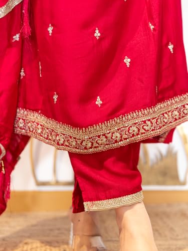 Image of VredeVogel Women's Silk Blend Embroidered Anarkali Kurta with Pant & Dupatta Set | Festive & Casual Women Ethnic Kurta Set for Women