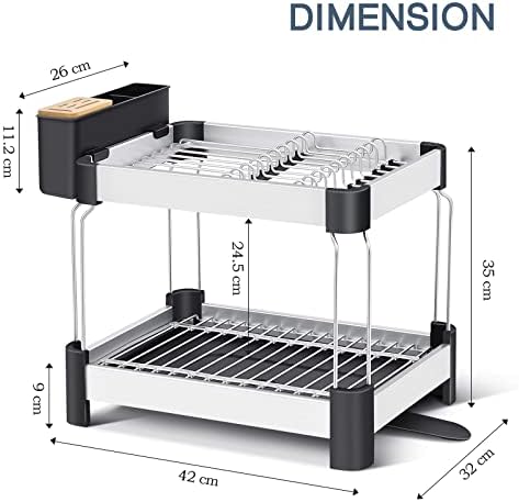 APEXCHASER Aluminum 2-Tier Dish Drying Rack, Sink Dish Rack, Dish Drainer with Anti-Rust Frame, 360° Swivel Spout Drip Tray, Utensil Holder for Kitchen
