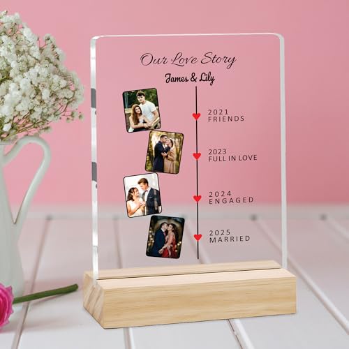 Image of Giftplease Customized Photo Frame with Wooden Stand | Transparent | Personalized Couple Picture Frame Gift for Girlfriend, Boyfriend, Husband, Wife |Anniversary, Wedding, Valentine s Day C 08