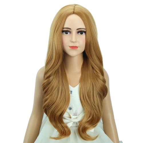 Image of Girls Strawberry Blonde Wig Kids Long Blonde Wavy Curly Wig Child Middle Part Wigs Heat Resistant Synthetic Wigs with Cap