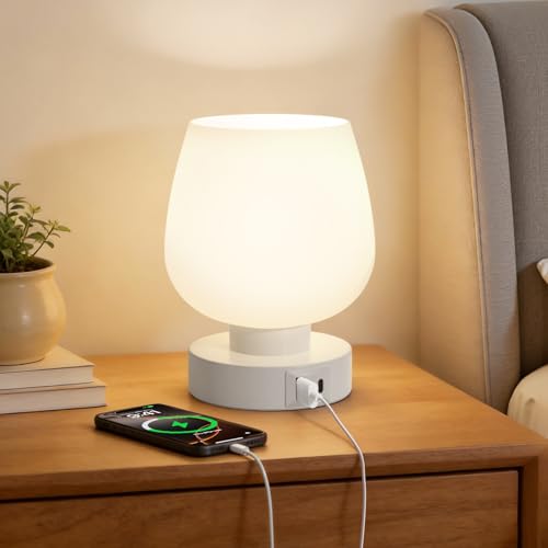 PreeOtti Nachttischlampe Touch Dimmbar Tischlampe Weiß mit USB A+C Anschlüsse LED Birne 3-fach Dimmbar Kleine Glas Lampe mit Kabel für Nachttisch Schlafzimmer Wohnzimmer Babyzimmer