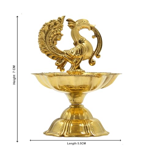 Image of CraftVatika Pure Brass Diya, Peacock Design Brass Diya Set of 2, Kuthu Vilakku for Home Diwali Decor Items, Oil Wick Lamp Deepak Deepam Diwali Decoration Items (7 CM Height)