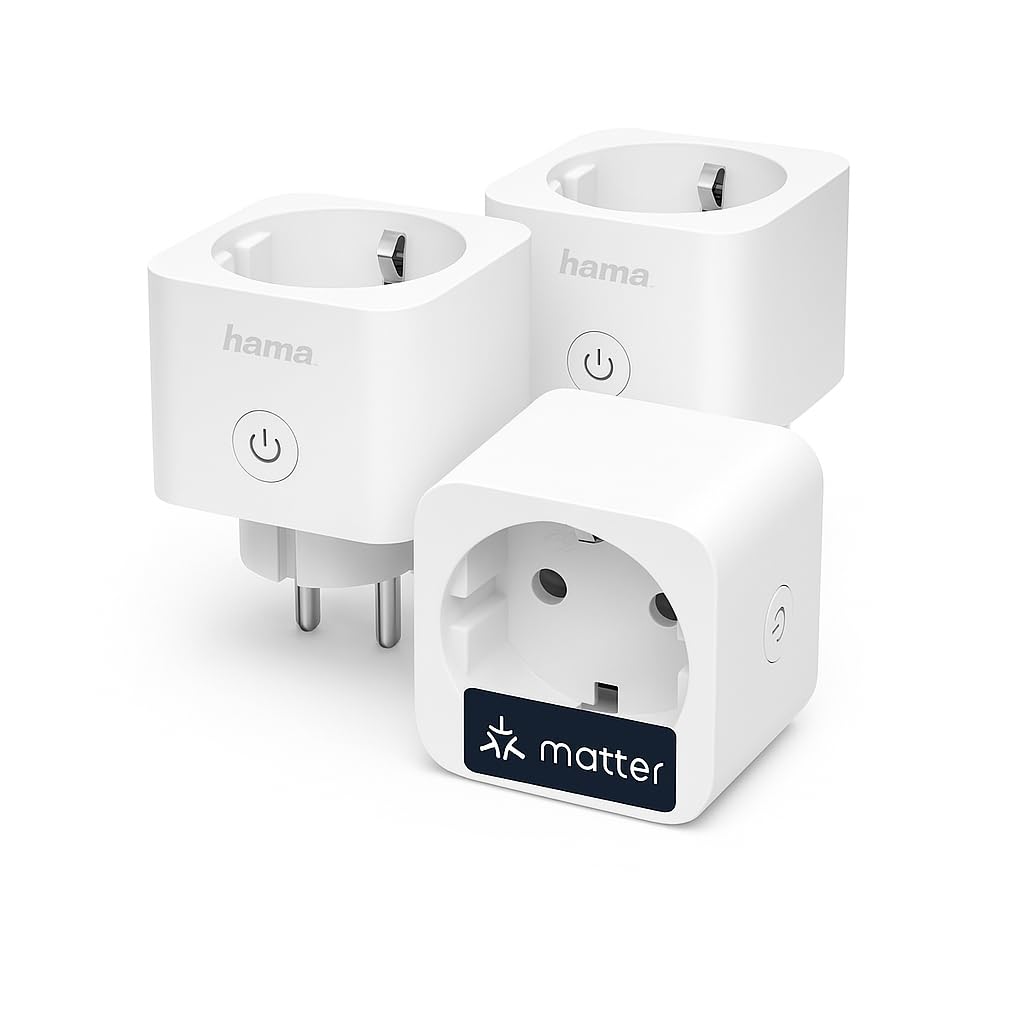 Hama Gniazdko Wi-Fi, 3-pak (z Matter Smart Home, uniwersalne, sterowane Wi-Fi gniazdko z aplikacją i sterowaniem głosowym, jako programator czasowy, 3680 W)