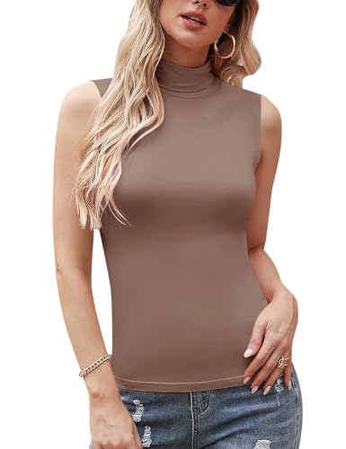 Irevial sous Pull Femme sans Manches Col Roulé Fin Léger Ajusté Haut Basique Chic Élégant Couleur Unie Polyvalent Kaki，S