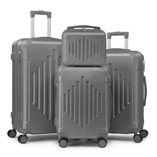 LEADZM Kofferset 4 teilig, Reisekoffer Set mit Kosmetikkoffer & verstärkten Ecken, Koffer Set Hartschalen-Trolley aus ABS mit Teleskopgriff, Handgepäck (Dunkelgrau)