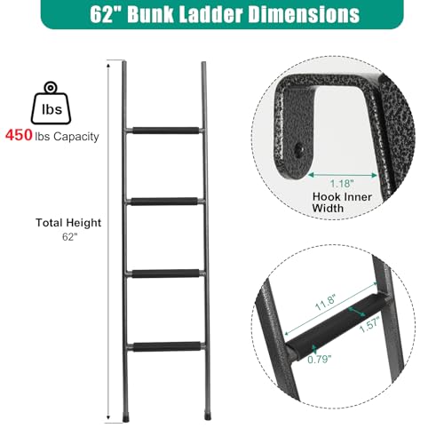 Image of Anti-Slip RV Bunk Ladder, 62in Integrated Heavy Duty Steel, Black | Camper Bunk Bed Ladder with Anti-Slip Rubber Foot Pads and Hooks