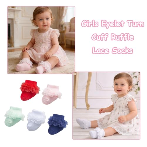Image of Epeius Baby-Girls Eyelet Turn Cuff Ruffle Lace Socks Triple Lace Dressy Socks Newborn /Infants /Toddlers 3 /5 Pairs
