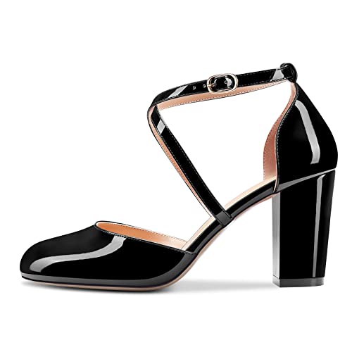 Castamere Women Chunky Block Mid Heel Round Toe Cross-Strap Pumps Slip-on Classic Cute Dress 3.2 Inches Heels2