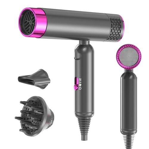 Guyisile Secador de pelo iónico, secador de pelo de viaje pequeño plegable, secador de pelo profesional de 1600 W para un secado rápido, con bolsa de almacenamiento, 3 calores y 2 velocidades (gris)