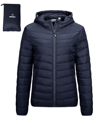 Outdoor Ventures Damen Steppjacke Leichte Packbare Übergangsjacke Warme Winterjacke mit Kapuze für Frauen Gefüttert Pufferjacke mit Taschen für Freizeit Wandern Reisen...
