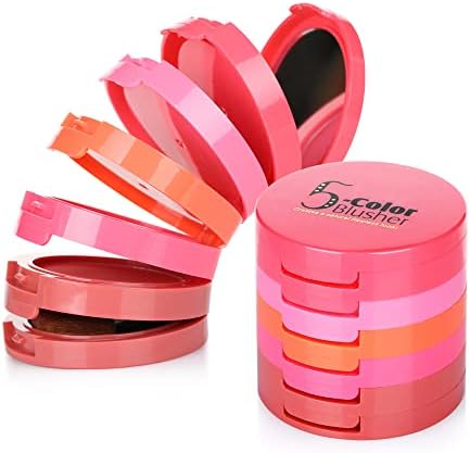 5 Colors Face Blusher Palette Waterproof Matte Long Lasting Lightweight Blush Powder Pink Coral Blushing Pallet with Brush Mirror Women Makeup Gift Set Kit M2089