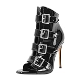 Only maker Damen Sommer Stiefeletten Peeptoe High Heels Sandaletten Schaftsandalen mit Schnalle Lack Schwarz 45 EU