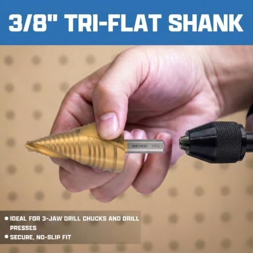 Image of NEIKO 10635A Step Drill Bit, 3 Steps 7 /8 inch to 1-7 /32 inch Spiral High Speed Steel, Titanium Nitride Coated, 3 /8 inch Tri Flat Step Bits for Steel, Metal, Wood, Plastic, Unibit Cone Drill Bits, Two Flute