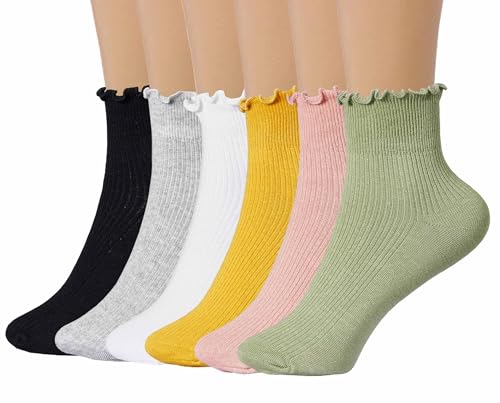 Women Ruffle Ankle Cute Turn-Cuff Socks - Soft Knit Cotton Lettuce Frilly Socks 6 Pack